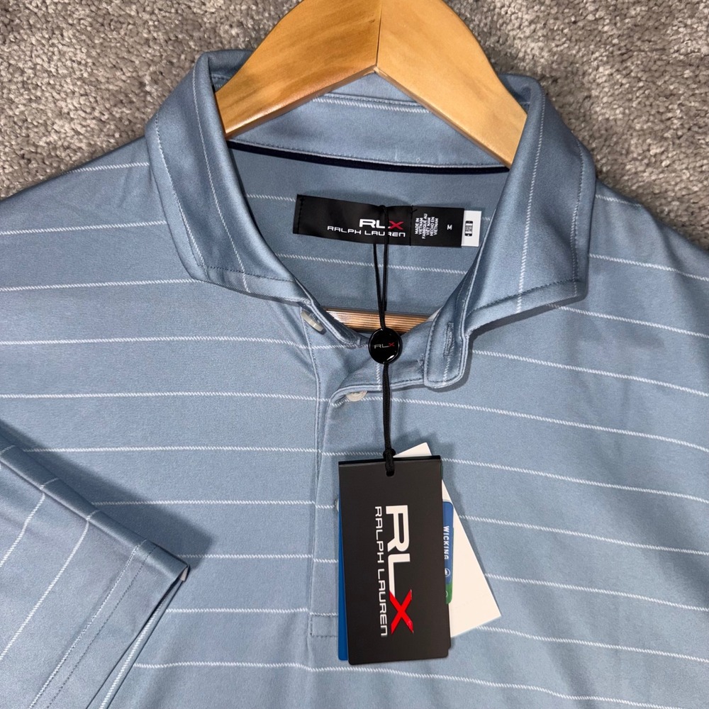 NWT RLX Ralph Lauren Men's M Blue White Striped Performance Golf Polo Shirt